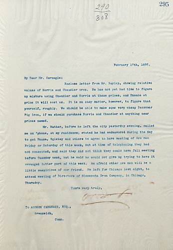 Frick writes on value of Norrie and Chandler ores and on Mr. Mather having Hanna, Oglebay, and others to agree to a meeting of Ore men