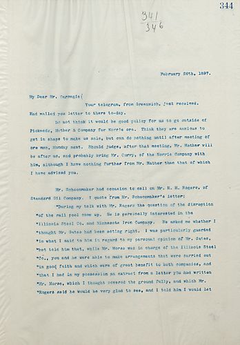 Frick doesn't think it would be a good idea to go outside of Pickends, Mather & Co. for Norrie ore. Frick also writes on Mr. Schoonmaker's meeting with Mr. H.H. Rogers, and General Alger thinking they should buy "Volunteer" ore