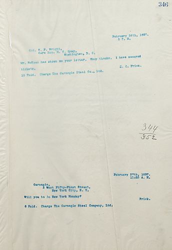 Frick asks if Carnegie will be in New York, [N.Y.] on Monday