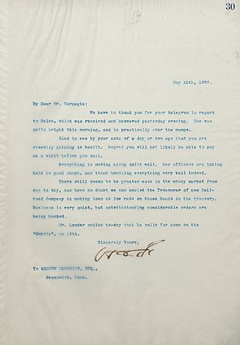 Frick thanks Carnegie for his telegram in regard to Helen [Frick] and writes on there being greater ease in the money market