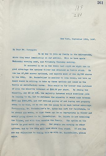 Frick writes Carnegie about possibly leveraging Norrie stock for leasing, which Frick feels is a better option than buying. He also includes profit information but notes the numbers are low because the prices are low
