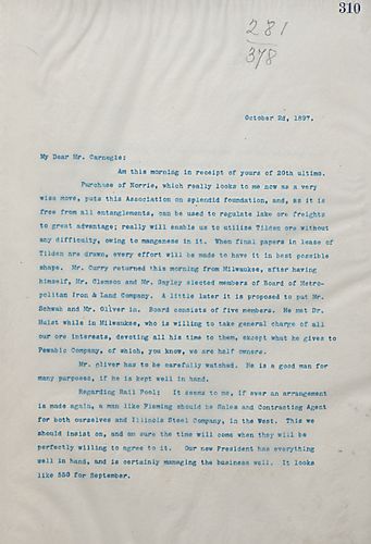 Frick writes Carnegie to inform him Dr. Hulst will be taking control of their ore interests and asks Carnegie to be present for the founder's day celebration which, he hints, may also be attended by President McKinley