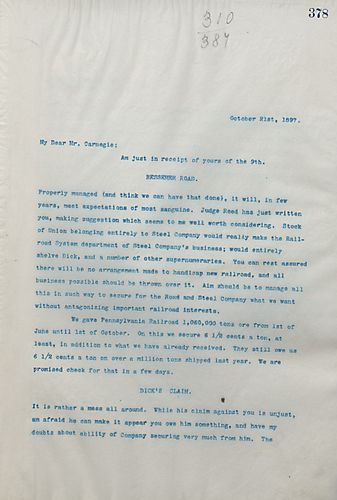 Frick updates Carnegie on the status of Bessemer Road, Dick's claim, the rail pool, and the Iron Clad Agreement