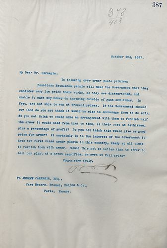 Frick writes Carnegie to propose that they sell a plant to the government so the government can have a second world-class armor plant available should they need it
