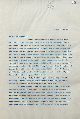 Frick writes Carnegie to discuss a possible business agreement with Mellon over a roadway and to discuss the upcoming art gallery opening
