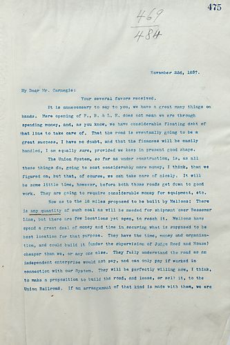 Frick writes Carnegie to explain that Mellon could build the proposed roadway cheaper than anyone else and would be willing to lease or sell it to the Union Railroad