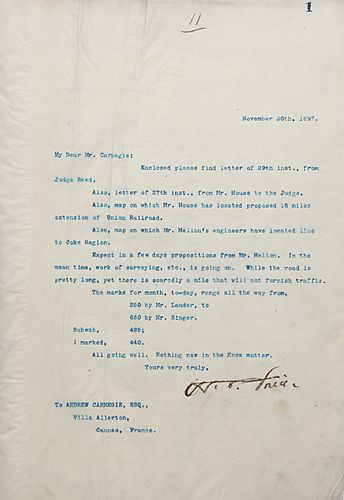 Frick writes on enclosing letters from Judge [James] Reed and Mr. House and on including maps of the Union Railroad extension and a line to the Coke Region. Also, Carnegie should expect a proposition from Mr. Mellon soon
