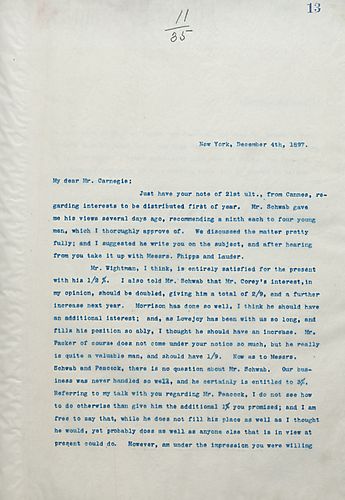 Frick replies to Carnegie's note from the 21st regarding interests to be distributed at the first of the year