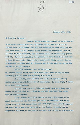 Frick writes on Mellon prefering to build 18 miles under contract with their railroads, meeting with Mr. Phipps on the "Iron Clad," thinking they should purchase the Carrie Furnace plant, and on Mr. Morrison's furnace report being discouraging