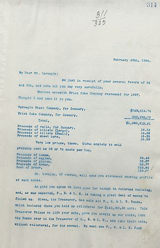 Frick encloses the Frick Coke Company statement for 1897, and writes on P.,B. & L. E. needing money to finish building and on its floating debt. Also, Frick isn't looking for a buyer for the coal property near Uniontown that he owns