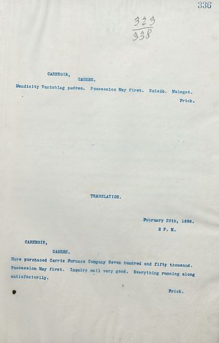 Frick wires Carnegie a coded message with 'possession May first' discernable