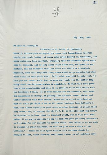 Frick writes on ore rates for the Pennsylvania Railroad and on the Illinois Steel Company giving the Baltimore & Ohio all their coke business from the Connellsville Region