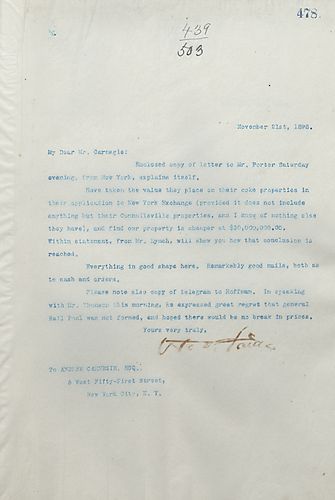 Frick writes on the propery value for Connellsville properties and that everything is in good shape