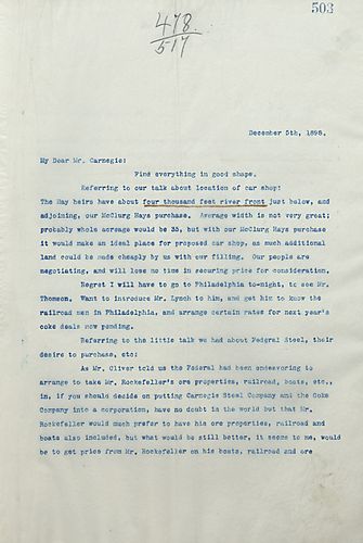 Frick writes Carnegie about a proposed car shop location and possible ways to keep Mr. Rockafeller and Federal Steel from coming to an agreement