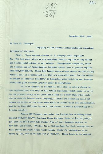 Frick responds to a letter from Carnegie from December 24th in regards to making some financial changes in the company. Frick speaks of forming a new company and purchasing Money Mortgage Bonds. These would be split between the Steel and Coke companies