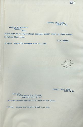 Frick wires Carnegie on the Attorney General deciding the Nickel case in their favor
