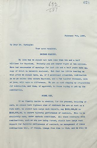 Frick writes on acquiring Keystone [Bridge Works] and deciding to abandon building cars. Frick includes Keystone Bridge Works earnings