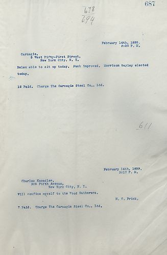 Frick wires Carnegie on Helen Frick's improved health and on Morrison and [James] Gayley being elected