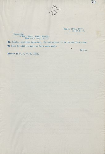 Frick wires Carnegie on the St. Louis arriving on Saturday