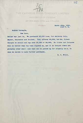 Frick writes on buying 30,000 tons of pig iron from Valley Pig Iron Association
