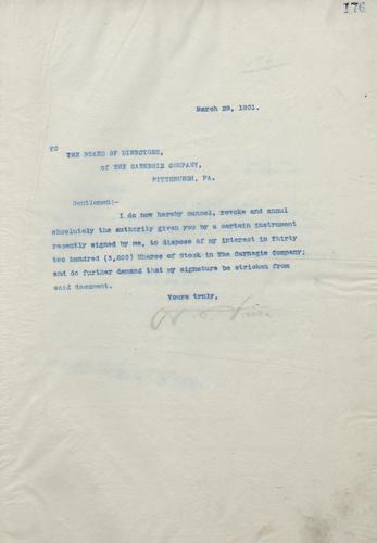 Frick writes the Board of Directors of the Carnegie Company asking them to strike his signature from a record