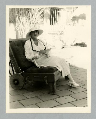 Mary Roberts Rinehart on patio [in Palm Springs, CA?]