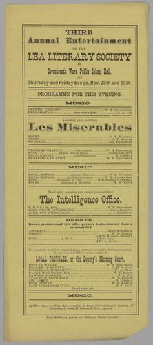 Theatre program - Les Miserables; The Intelligence Office; Local Troubles, or the Deputy's Morning Court
