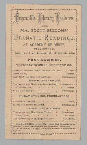Program - Mercantile Library Lectures, Dramatic Readings with Mary Frances Scott-Siddons