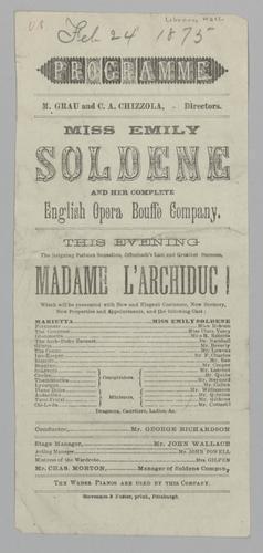 Opera program - Madame L'archiduc! with Miss Emily Soldene