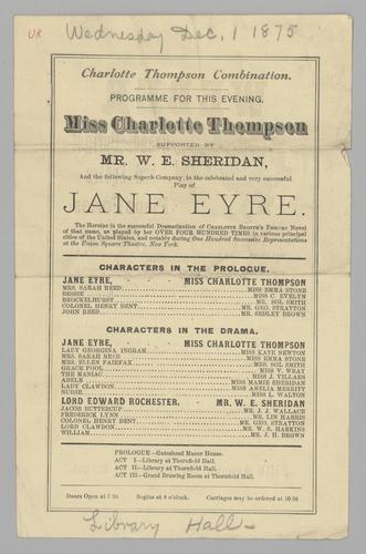 Theatre program - Jane Eyre with Miss Charlotte Thompson and Mr. W. E. Sheridan