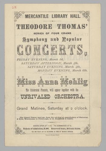 Concert program - Theodore Thomas' Orchestra with Miss Anna Mehlig