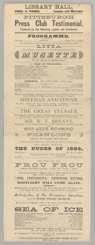 Theatre program - Pittsburgh Press Club Testimonial featuring Musette, or the Secret of Guilde Court with Lotta Crabtree; Sheehan and Coyne; Sea of Ice with Lottie Church; etc.