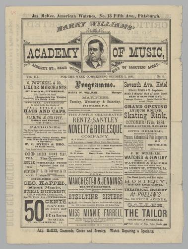 Burlesque program - Rentz-Santley Novelty & Burlesque Company; Manchester & Jennings; the Etzeltine Sisters; and Miss Minnie Farrell