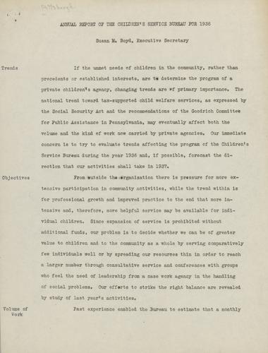 Annual Report, "Annual Report of the Children's Service Bureau for 1936, Susan M. Boyd, Executive Secretary"