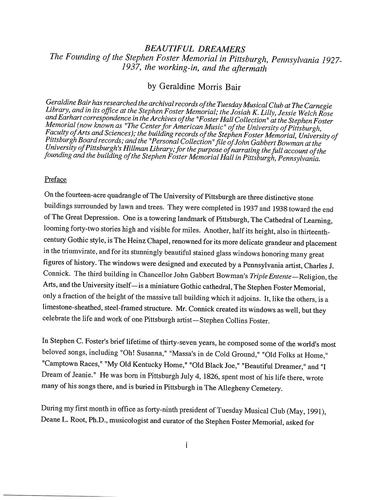 "Beautiful Dreamers: The Founding of the Stephen Foster Memorial in Pittsburgh, Pennsylvania, 1927-1937, the working in, and the aftermath" by Geraldine Morris Bair