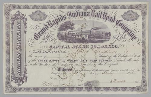Grand Rapids and Indiana Railroad Company Stock Certificate