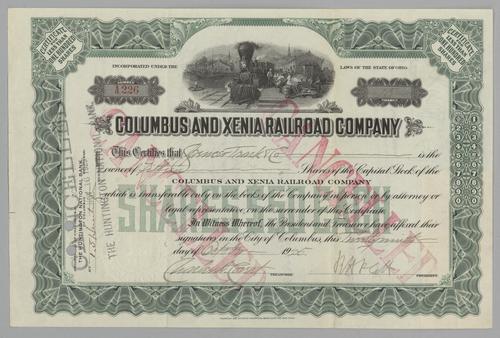 Columbus and Zenia Railroad Company Stock Certificate