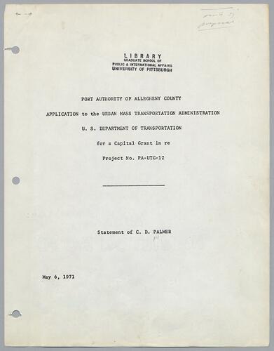 Application to the Urban Mass Transportation Administration for a Capital Grant in re: Project No. PA-UTG-12
