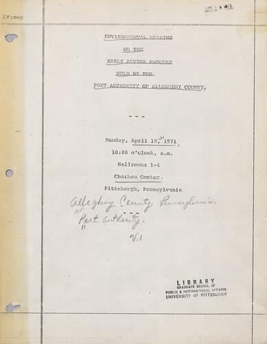 Environmental Hearing on the Early Action Program Held by the Port Authority of Allegheny County, Volume I