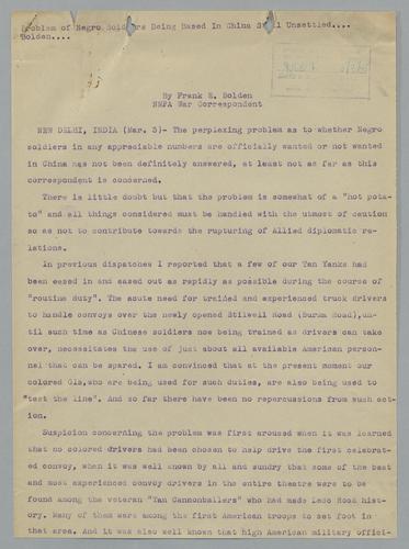 Draft of "Problems of Negro Soldiers Being Based in China Still Unsettled"