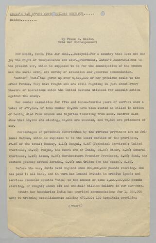 "India's War Effort Contributions Generous"