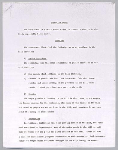 Interview #7--African-American female who is active in community afairs in the Hill District