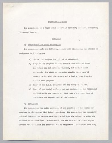 Interview #18--African-American female who is active in community affairs, especially housing,