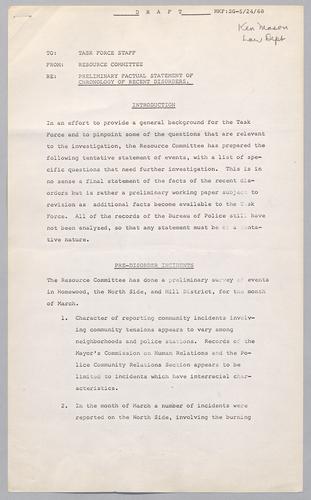 Resource Committee, Preliminary Factual Statement of Chronology of Recent Disorders