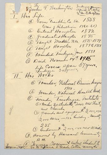 Outline, "Booker T. Washington," Tuskegee Program, YMCA