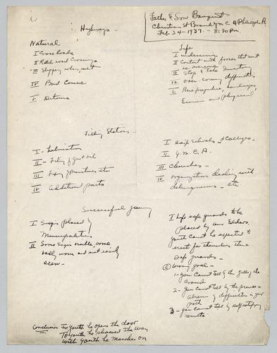 Outline, "Father & Son Banquet," Christian Street Branch of YMCA, Philadelphia, Pa.