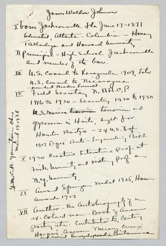 Outline, "James Weldon Johnson," YMCA, Youngstown, Ohio