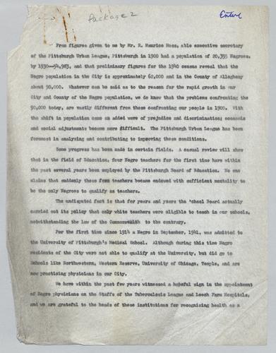 A speech concerning Blacks in the medical professions, housing, government assistance in Pittsburgh and Allegheny County, probably given at an Urban League event