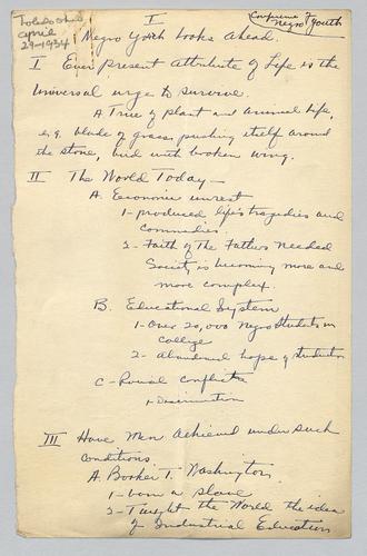 Outline, "Negro Youth Looks Ahead," Conference for Negro Youth, Toledo, Ohio