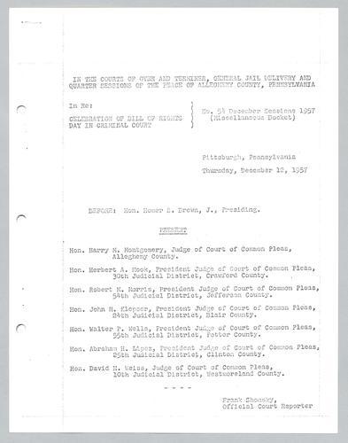 "Celebration of Bill of Rights Day in Criminal Court" In the Courts of Oyer and Terminer, General Jail Delivery and Quarter Sessions of the Peace of Allegheny County, Pennsylvania"